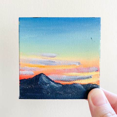 Mountain Sunset Landscape Original Acrylic Painting - 3x3 Tiny Art
