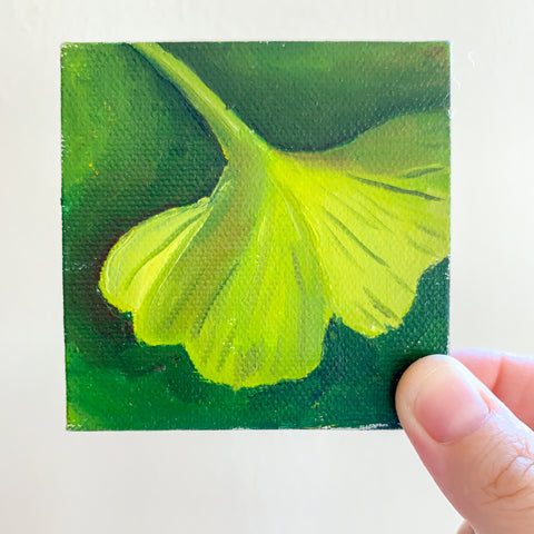 Mini Ginkgo Leaf Original Oil Painting - 3x3 Tiny Art