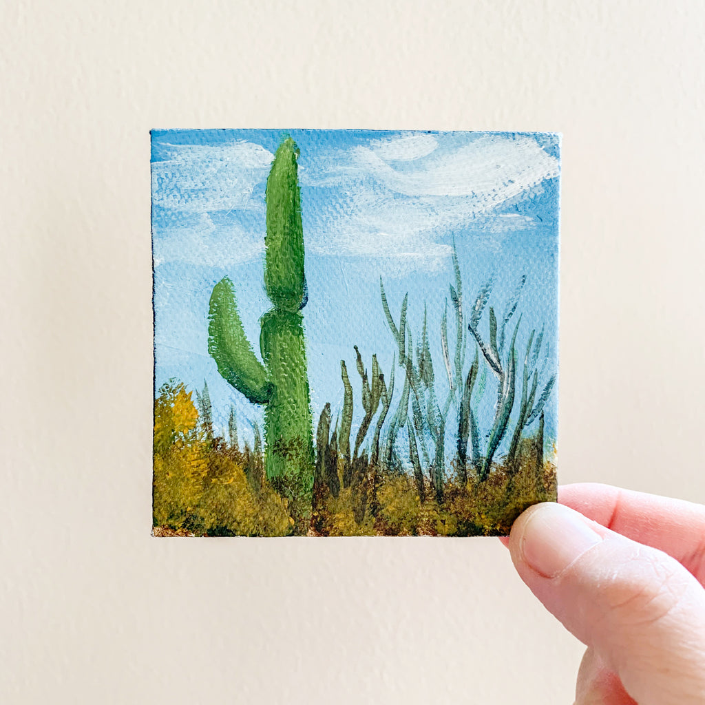 Saguaro Cactus Desert Landscape Acrylic Painting - 3x3 Tiny Art - april bern photography