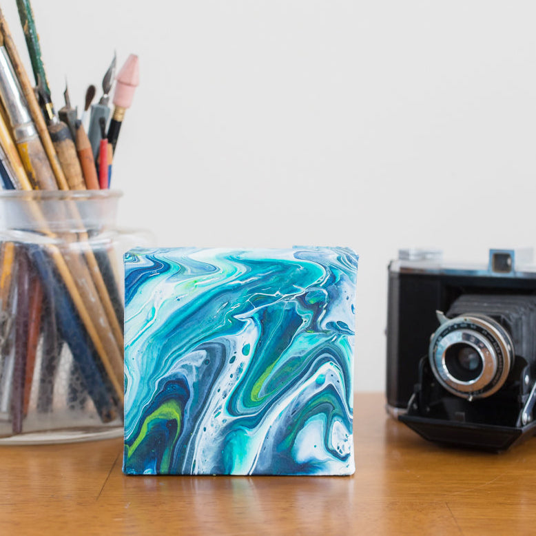 Small Green and Blue Abstract Painting - 4x4 Abstract Art - april bern art & photography