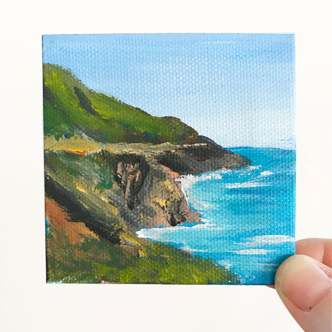California Coastline Landscape Original Acrylic Painting - 3x3 Tiny Art