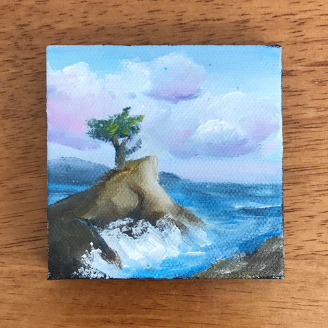 Lone Cypress California Landscape Original OIl Painting - 3x3 Tiny Art - april bern photography
