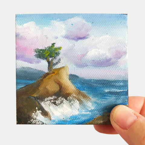 Lone Cypress California Landscape Original OIl Painting - 3x3 Tiny Art