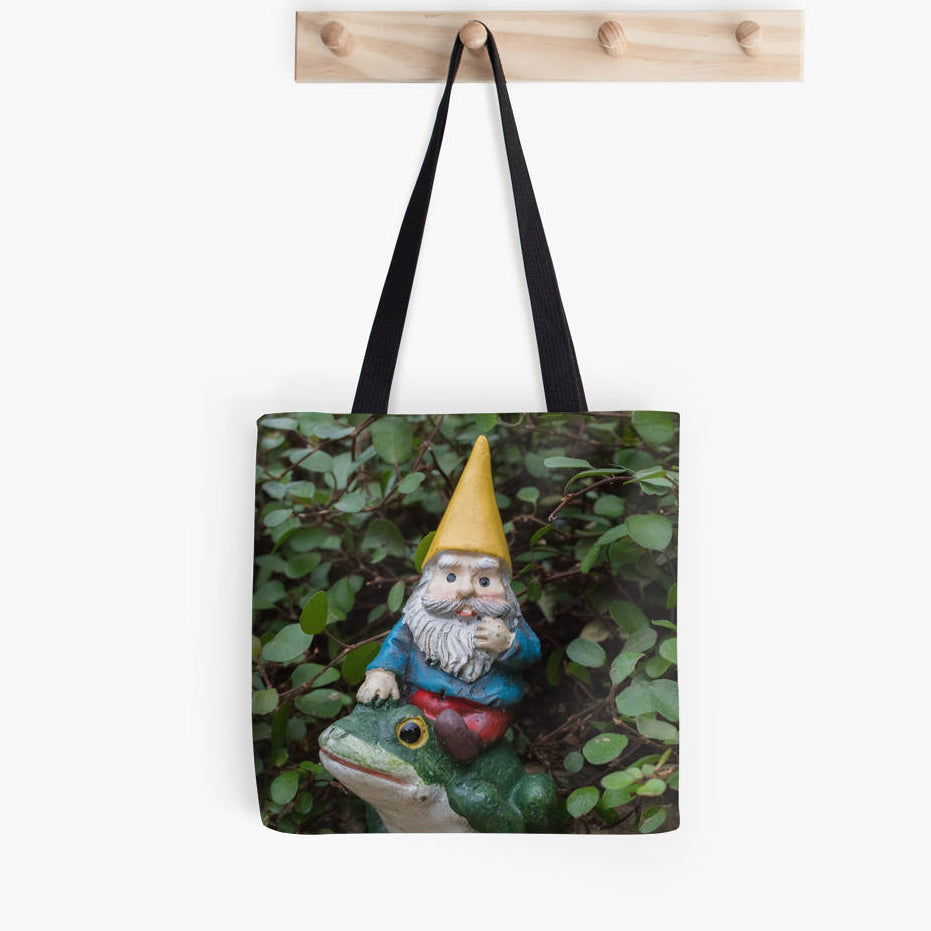 Ready to Ship - 13x13 Garden Gnome & Frog Canvas Tote Bag - april bern art & photography