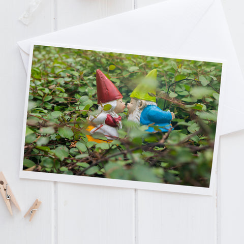Valentines Day Kissing Garden Gnome Blank Greeting Card - april bern photography