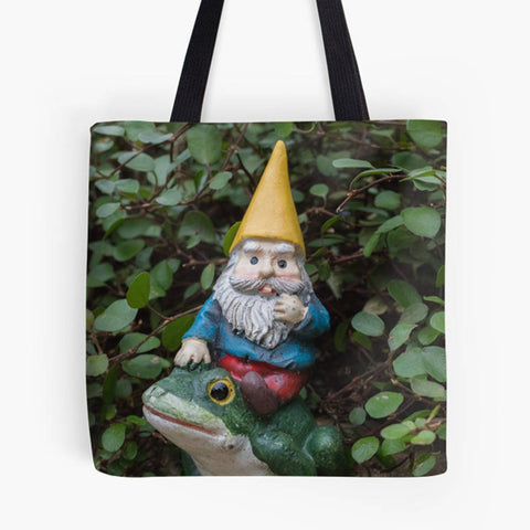 Ready to Ship - 13x13 Garden Gnome & Frog Canvas Tote Bag - april bern art & photography