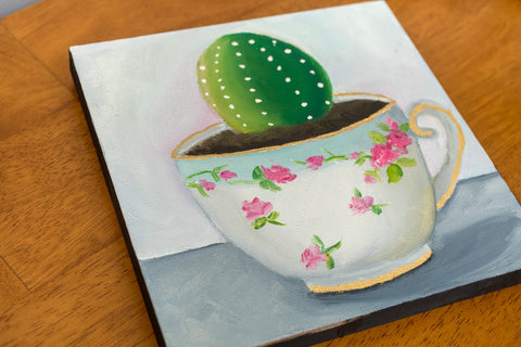 Cactus in Vintage Teacup - 8x8 inch Original Oil Painting - april bern art & photography