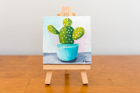 Tiny Cactus Painting - 3x3 Original Oil Painting - april bern art & photography