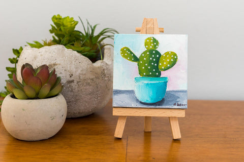Tiny Cactus Painting - 3x3 Original Oil Painting - april bern art & photography