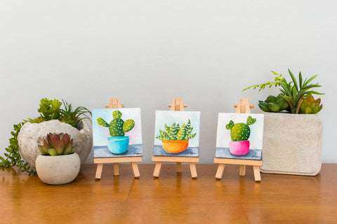Cactus Art, Mini Cactus Trio Original Oil Painting - 3x3 Original Oil Painting - april bern art & photography