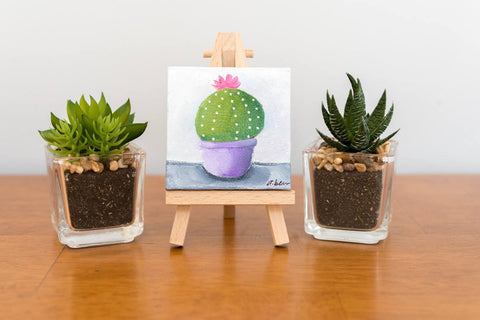 Cactus Art Tiny Cactus Original Oil Painting - 3x3 Original Oil Painting - april bern art & photography