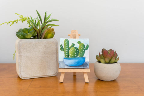 Cactus Art, Mini Cactus Trio Original Oil Painting - 3x3 Original Oil Painting - april bern art & photography