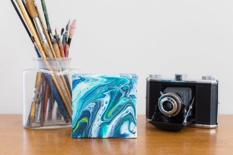 Small Green and Blue Abstract Painting - 4x4 Abstract Art - april bern art & photography