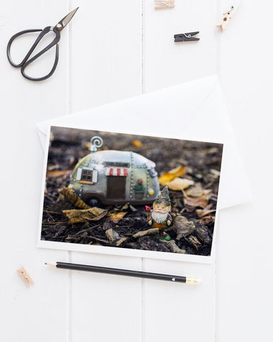 Adventure Gnome - Garden Gnome Blank Greeting Card - april bern art & photography