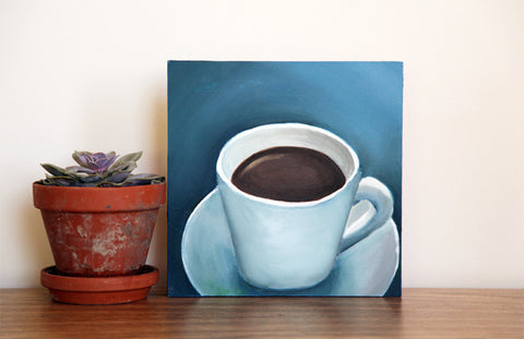 First Cup - Original Coffee Cup Oil Painting 8"x8" - april bern art & photography