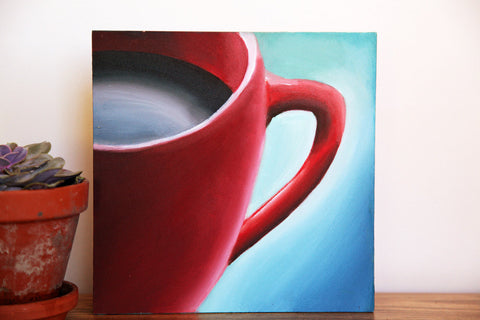 Red Cup Coffee Cup - Original Coffee Cup Oil Painting 8"x8" - april bern art & photography