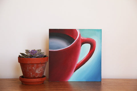 Red Cup Coffee Cup - Original Coffee Cup Oil Painting 8"x8" - april bern art & photography