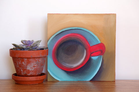 Good Morning - Original Coffee Cup Oil Painting 8"x8" - april bern art & photography