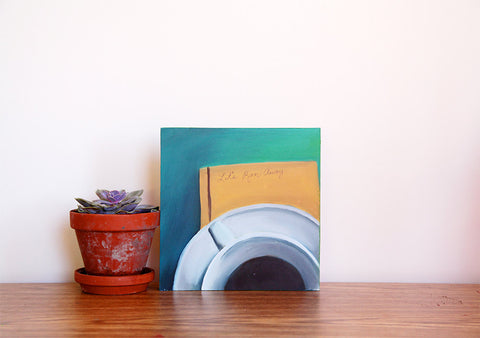 Let's Run Away - Original Coffee Cup Oil Painting 8"x8" - april bern art & photography