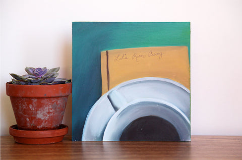 Let's Run Away - Original Coffee Cup Oil Painting 8"x8" - april bern art & photography
