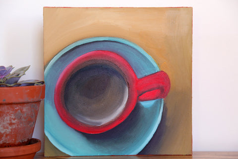 Good Morning - Original Coffee Cup Oil Painting 8"x8" - april bern art & photography