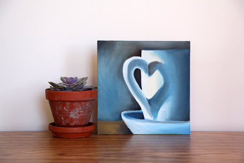 First Love - Original Coffee Cup Oil Painting 8"x8" - april bern art & photography