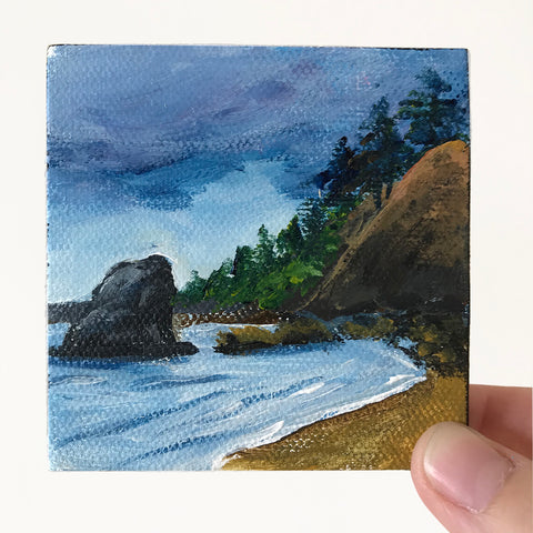 Coastal Landscape Original Acrylic Painting - 3x3 Tiny Art - april bern art & photography