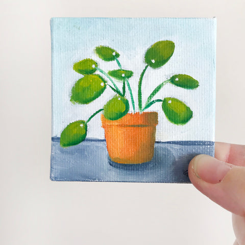 Tiny Pilea Original Oil Painting - 3x3 Original Oil Painting - april bern photography