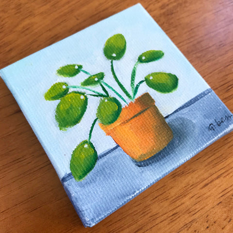Tiny Pilea Original Oil Painting - 3x3 Original Oil Painting - april bern photography
