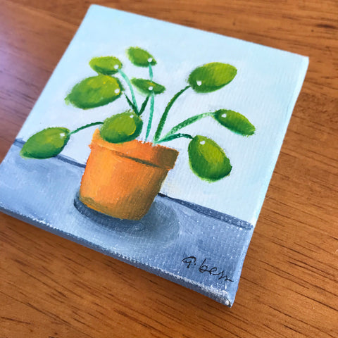 Tiny Pilea Original Oil Painting - 3x3 Original Oil Painting - april bern photography