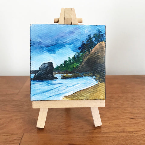 Coastal Landscape Original Acrylic Painting - 3x3 Tiny Art - april bern art & photography