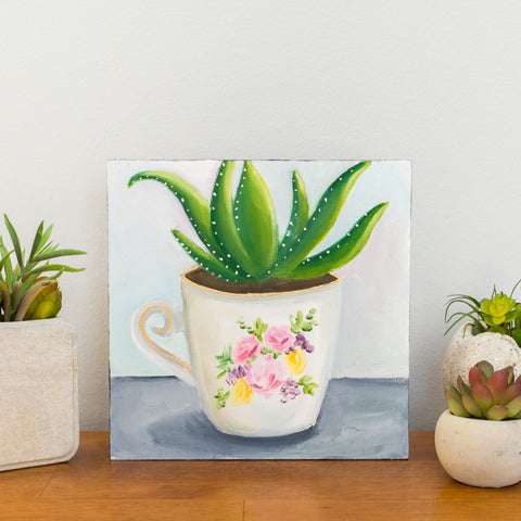 Succulent in Teacup Painting - 8x8 inch Original Oil Painting - april bern art & photography