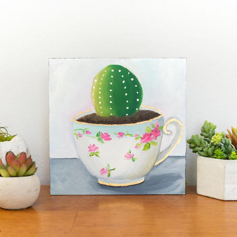Cactus in Vintage Teacup - 8x8 inch Original Oil Painting