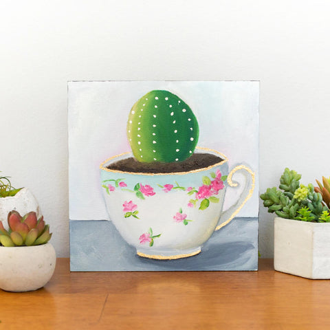 Cactus in Vintage Teacup - 8x8 inch Original Oil Painting - april bern art & photography