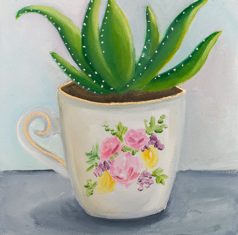 Succulent in Teacup Painting - 8x8 inch Original Oil Painting - april bern art & photography