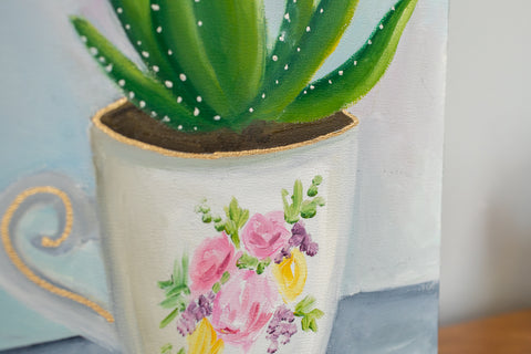 Succulent in Teacup Painting - 8x8 inch Original Oil Painting - april bern art & photography