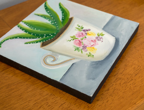 Succulent in Teacup Painting - 8x8 inch Original Oil Painting - april bern art & photography