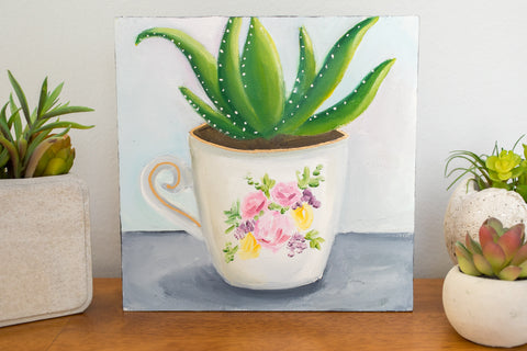 Succulent in Teacup Painting - 8x8 inch Original Oil Painting - april bern art & photography