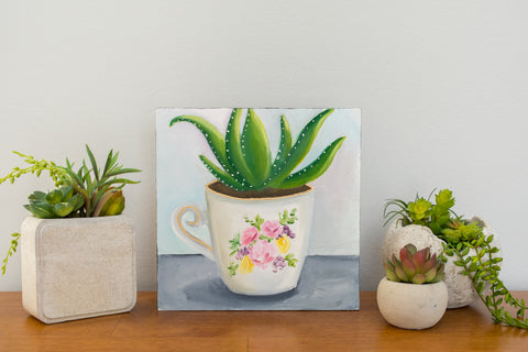 Succulent in Teacup Painting - 8x8 inch Original Oil Painting - april bern art & photography