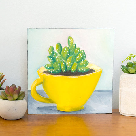 Succulent in Yellow Vintage Teacup - 8x8 inch Original Oil Painting