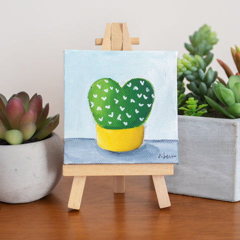 Heart Shaped Tiny Cactus Original Oil Painting - 3x3 Original Oil Painting