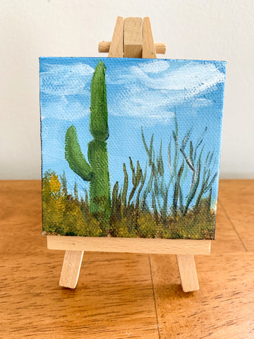 Saguaro Cactus Desert Landscape Acrylic Painting - 3x3 Tiny Art - april bern photography
