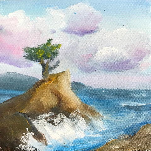 Lone Cypress California Landscape Original OIl Painting - 3x3 Tiny Art - april bern photography