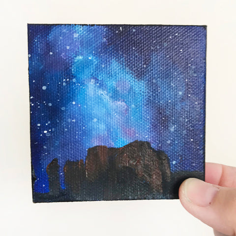 Arizona Landscape Nighttime Sky Original Acrylic Painting - 3x3 Tiny Art - april bern photography