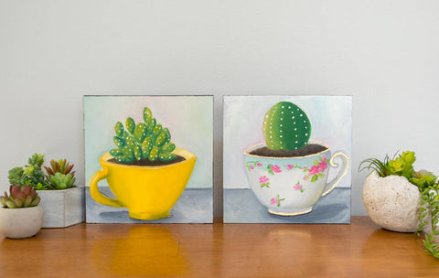 Cactus in Vintage Teacup - 8x8 inch Original Oil Painting - april bern art & photography