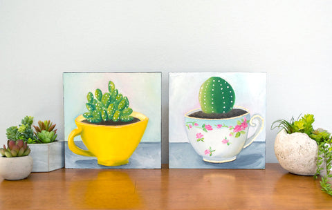 Succulent in Yellow Vintage Teacup - 8x8 inch Original Oil Painting - april bern art & photography