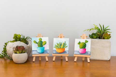 Small Cactus Trio Painting - 3x3 Original Oil Painting - april bern art & photography