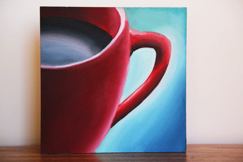Red Cup Coffee Cup - Original Coffee Cup Oil Painting 8"x8" - april bern art & photography
