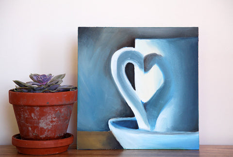 First Love - Original Coffee Cup Oil Painting 8"x8" - april bern art & photography
