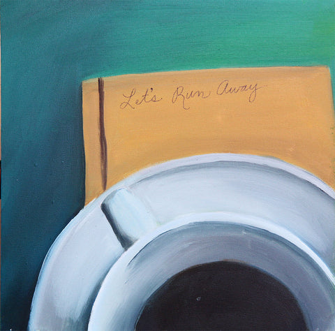 Let's Run Away - Original Coffee Cup Oil Painting 8"x8" - april bern art & photography